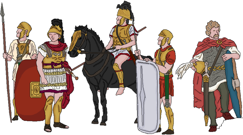 (De gauche à droite) Légionnaire romain, tribun militaire, cavalier samnite, légionnaire de la Quirinus, guerrier noble gaulois
