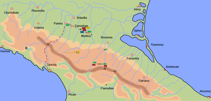 1 - Reste des deux légions levées en automne 386 et des alliés samnites 2 - Regroupement des troupes romano-anaro-lingonnes, conduit de Cnaeus Sergius Ahenobarbus 3 - Contigeant du dux Pataccix 4 - Repli des Boiens sur Mutina 5 - Statu-quo dans les vallées de l'Idex et du Renu 6 - Forteresse boienne protégeant Bononia repérée par le légat Aetius