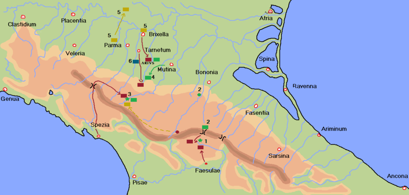 1 - Ayant quitté le col de la Futa devant l'avancée d'une armée lingonne, le légat Aetius l'attire dans un jeu de cache-cache dans le nord de la province 2 - Fortifications boiennes 3 - Victoire des légions de renforts contre les colonnes boiennes qui tentaient de couper le ravitaillement romain le long de la rivière Parma 4 - L'armée boienne traverse la rivière Crostùl et tombe sur les arrières de la légion de Petronius 5 - Garnisons lingonnes et armée de secours vers les Cénomans 6 - Troupes anares de Topix